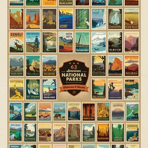 May include: A poster featuring 63 American National Parks, each represented by a vintage-style travel advertisement. The poster includes parks like Acadia, Arches, and Yosemite, with the text "63 American National Parks Wilderness & Wonder."