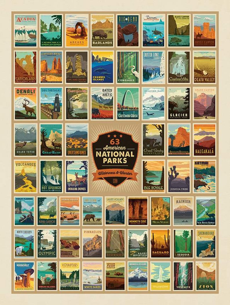 May include: A poster featuring 63 American National Parks, each represented by a vintage-style travel advertisement. The poster includes parks like Acadia, Arches, and Yosemite, with the text "63 American National Parks Wilderness & Wonder."