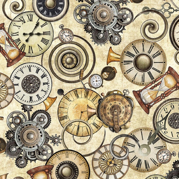 SALE Steampunk Adventures 29564 Clock Toss E - by QT Fabrics - Victorian Motifs Clocks - Quilting Cotton Fabric