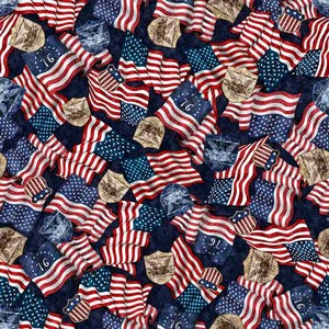 May include: A patriotic pattern featuring the American flag in red, white, and blue. The design includes waving flags, vintage-style emblems, and the number "76" on a dark blue background. This design is suitable for fabric or paper.