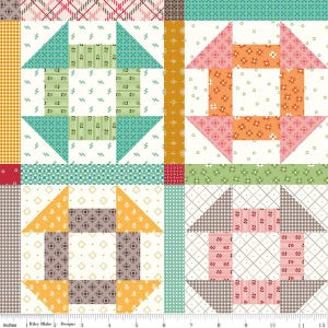 May include: A patchwork quilt with a repeating pattern of geometric shapes in various colors. The design includes squares, triangles, and rectangles in shades of teal, orange, yellow, and pink. The quilt is measured in inches.