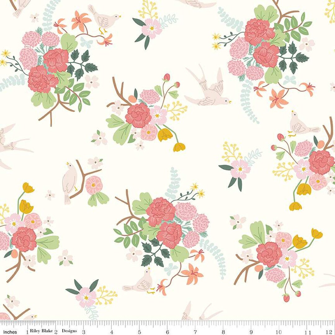SALE Emma Main C12210 Cream by Riley Blake Designs Floral Flowers Birds ...