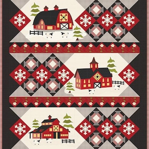 May include: A red and black quilt pattern with three red barns with white trim and black roofs. The barns are set against a white background with a black and white diamond pattern and red snowflakes. The quilt is bordered with a red and white floral pattern.