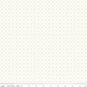 May include: White fabric with a repeating pattern of small green wreaths. The fabric is measured in inches.