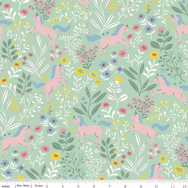 SALE FLANNEL Unicorns F12000 Sweet Mint - Riley Blake Designs - Juvenile Unicorns Flowers Trees Green - FLANNEL Cotton Fabric