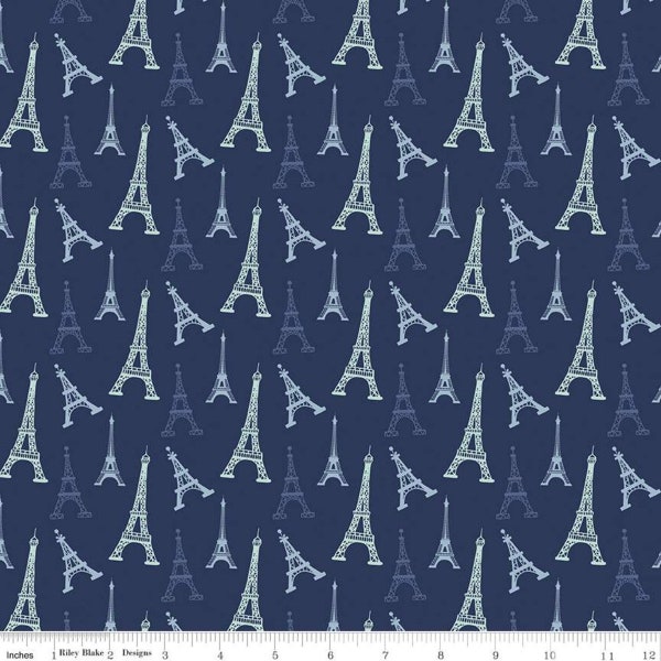 Saturday in Paris Towers C11362 Navy - Riley Blake Designs - Eiffel Tower Blue - Quilting Cotton Fabric