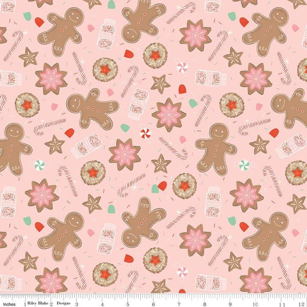 15" End of Bolt - Holiday Cheer Main C13610 Pink - Riley Blake Designs - Christmas Gingerbread Cookies Candy Canes - Quilting Cotton Fabric