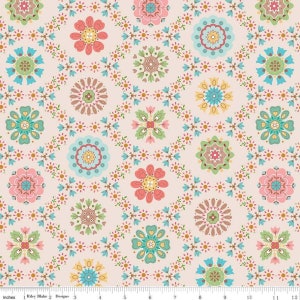 May include: A seamless fabric pattern featuring a repeating design of colorful floral medallions with intricate details. The background is a light pink color.