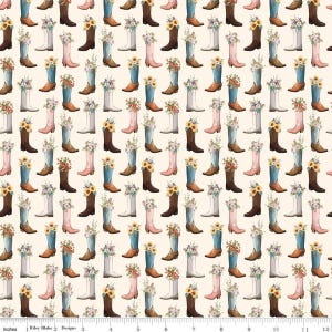 May include: A repeating pattern of cowboy boots in various colors, including brown, pink, white, and blue. Each boot is decorated with flowers, such as sunflowers and other floral arrangements. The background is a cream color.