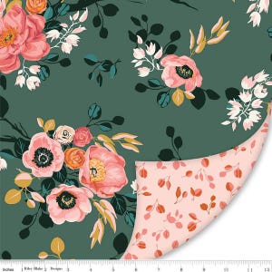 May include: Floral fabric with a dark green background and a pattern of pink and orange flowers, white blossoms, and green leaves. The fabric is folded over, revealing a pink and orange leaf pattern.