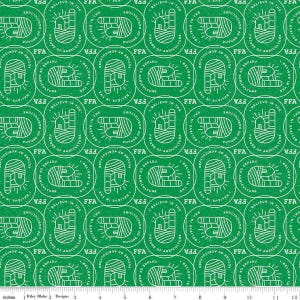 May include: Green fabric with a repeating pattern of white circles. Each circle contains the text "FFA" and "Believe in the Future of Agriculture" with a stylized image of a farm building.