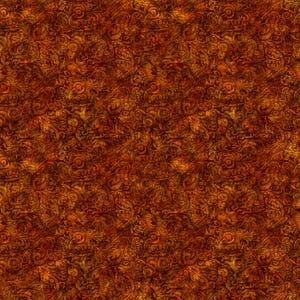 May include: A seamless pattern with intricate, swirling designs in shades of orange, brown, and gold. The pattern resembles a vintage wallpaper or fabric.