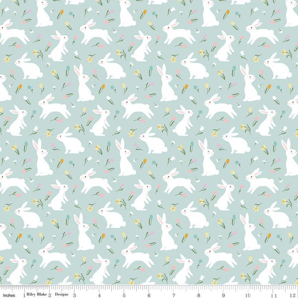 SALE Bunny Trail Bunnies C14252 Powder by Riley Blake Designs - Easter Rabbits Flowers - Quilting Cotton Fabric