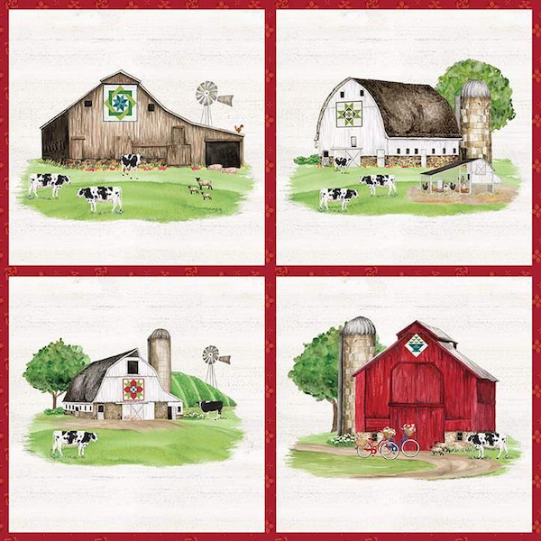 SALE Spring Barn Quilts PD14336 Pillow Panel by Riley Blake Designs - DIGITALLY PRINTED Barns Bicycles Cow Sheep - Quilting Cotton Fabric