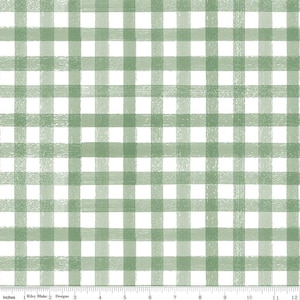 May include: A fabric with a green and white gingham pattern. The design features a grid of intersecting lines, creating a classic checkered appearance. The green lines have a slightly textured, brushstroke-like quality, adding visual interest to the fabric. The pattern repeats across the surface.