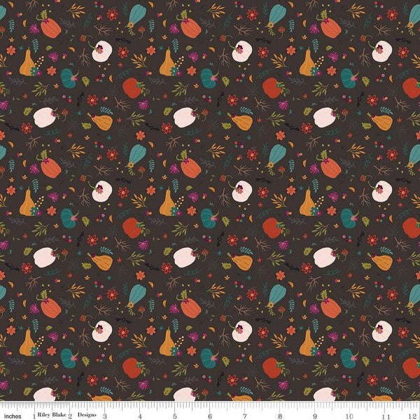 SALE Little Witch Pumpkin Patch C14563 Espresso - Riley Blake Designs - Pumpkins Leaves Flowers - Quilting Cotton Fabric