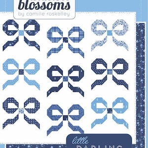 May include: A quilt pattern featuring nine bow designs in various shades of blue and white. The pattern is titled "Little Darling" and includes the text "thimble blossoms by camille roskelley". The design is a sweet mini bow quilt.