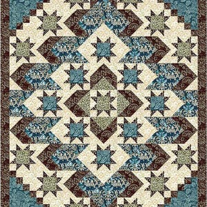 May include: A handcrafted quilt with a starburst design. The quilt features a cream-colored background with geometric patterns in shades of brown, teal, and olive green. The border has a paisley pattern. A cozy, decorative textile.