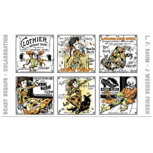 May include: A collage of six vintage-style illustrations with a spooky theme. The images feature text like "Lothier Merchant Tailors," "Quilting Crazy," and "The Haunted Shoe House." The color palette is primarily black, white, orange, and yellow.