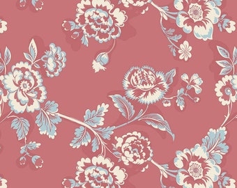 SALE Jane Austen at Home C10012 Lady Catherine - Riley Blake Designs - Red Cream Blue Historical Reproductions Floral - Quilting Cotton