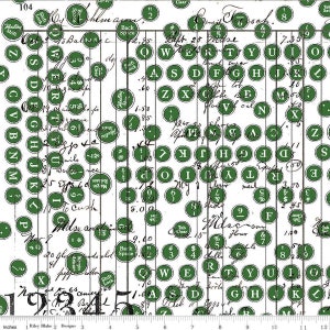 May include: A white fabric with a green typewriter key pattern. The keys are labeled with letters, numbers, and symbols. The fabric has a vintage look and feel. The fabric is 12 inches wide and has a ruler marked in inches along the bottom.