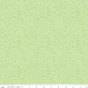 May include: A green fabric with a repeating pattern of cute animals and objects. The pattern includes bears, owls, clouds, stars, moons, umbrellas, and houses. The pattern is outlined in a light green color.