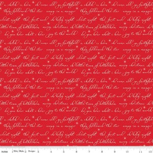 May include: Red fabric with a repeating pattern of Christmas carols in a cursive font. The text includes phrases like "A child is born," "Silent Night," and "Merry Christmas," along with small star accents.