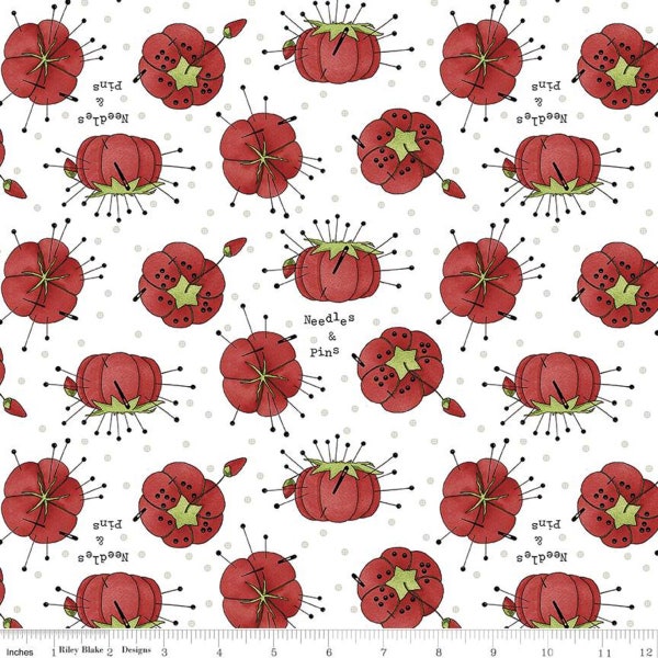 Best of She Who Sews Pincushion Toss C11339 White - Riley Blake Designs - Sewing Tomato Pincushions Text - Quilting Cotton Fabric