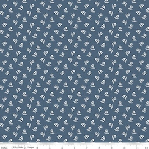 Image of the Serenity Blues Tiny Floral Navy quilting cotton fabric by Gerri Robinson for Riley Blake Designs. Features scattered blossoms and sprigs of leaves on a dark blue background. 
Cute Little Fabric Shop
