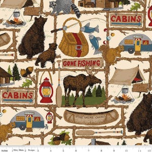 May include: A cream-colored fabric with a repeating pattern of camping and wildlife scenes. The design includes bears, raccoons, moose, cabins, canoes, and the text "Gone Fishing" and "Don't Feed Bears". The fabric is suitable for quilting and crafting.