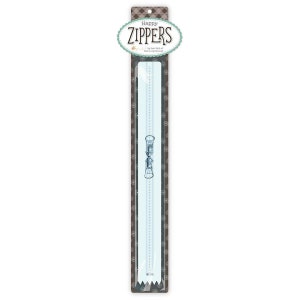 May include: A package of two blue zippers with silver pulls. The package is labeled "Happy Zippers" by Karen Hicks of Bee in My Bonnet.