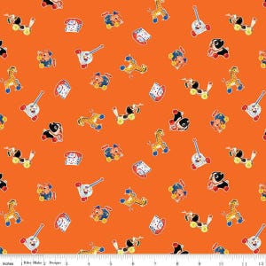 May include: A bright orange fabric with a repeating pattern of vintage toy animals and objects. The toys include a giraffe, a dog, a phone, a car, and a rocking horse. The toys are all in various colors, including red, blue, green, yellow, and black.