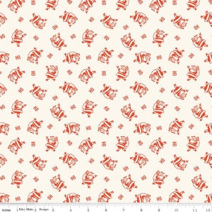 May include: A white fabric with a repeating pattern of red Santa Claus figures saying "HO HO HO" in a vintage style.