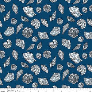 May include: A seamless pattern featuring white and gray seashells on a deep blue background. The shells are drawn in a simple, stylized manner and are arranged in a random, overlapping pattern.