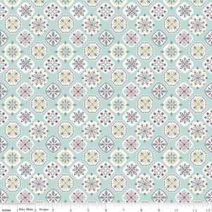 May include: A seamless pattern featuring a repeating design of geometric shapes in shades of blue, yellow, red, and white on a light blue background.