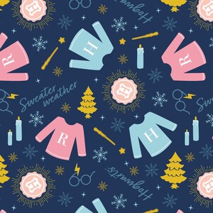 May include: A navy blue pattern featuring pink and light blue sweaters with the letters "R" and "H", gold wands, snowflakes, and text that reads "Sweater weather" and "Hogwarts". The design includes gold stars, candles, and Christmas trees.