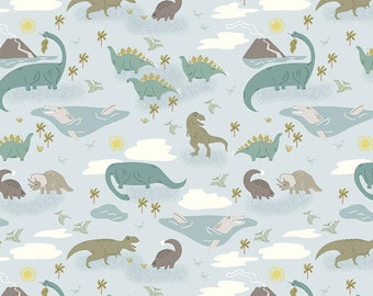 May include: A light blue fabric with a repeating pattern of dinosaurs, palm trees, clouds, and volcanoes. The dinosaurs are in various colors, including green, brown, and blue. The fabric is perfect for crafting projects, such as quilts, pillows, and bags.