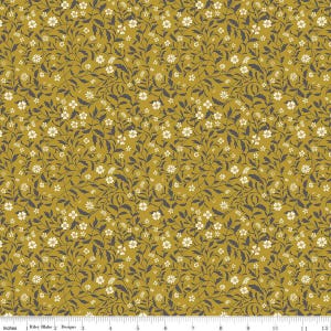 May include: A seamless fabric pattern featuring a repeating design of small white flowers and dark gray stems on a mustard yellow background.