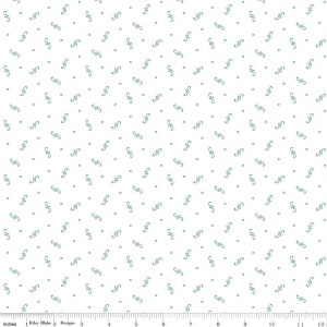 May include: White fabric with a repeating pattern of small teal blue floral designs.