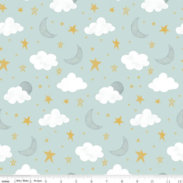 It's a Boy Stars and Moon C13252 Aqua by Riley Blake Designs - Baby Clouds Star Moons - Quilting Cotton Fabric