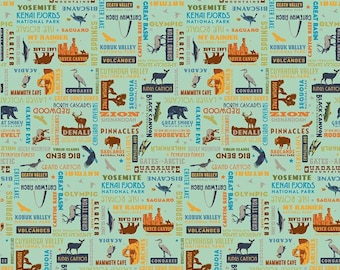 National Parks Word Print Sea Green - Riley Blake Designs - Names Places Wildlife Outdoors - Quilting Cotton Fabric