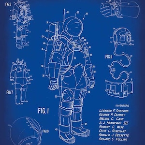 May include: Blue blueprint of a spacesuit, featuring detailed diagrams and annotations. The patent illustration includes various views of the suit, with labels and measurements. The NASA logo is visible. The patent date is August 1, 1973.