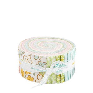 May include: A jelly roll of fabric strips featuring a variety of floral and geometric patterns in soft pastel shades of pink, yellow, green, and blue. The bundle is secured with a white ribbon printed with the text Riley Blake Designs.