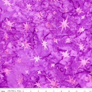 May include: Purple fabric with a white star pattern. The fabric has a tie-dye effect and the stars are of varying sizes.