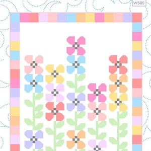May include: A colorful quilt pattern titled "Horace's Hollyhocks" with a finished size of 56" x 68". The design features stylized flowers in shades of pink, blue, yellow, and orange on green stems, framed by a pastel border.