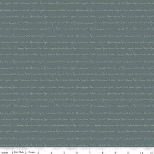 May include: A fabric with a repeating pattern of cursive text in a light color on a muted teal background. The text appears to be names or phrases. The fabric is measured in inches.
