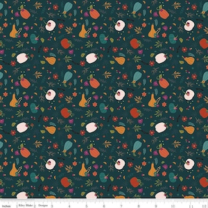 May include: A teal fabric with a repeating pattern of orange, white, and teal pumpkins, leaves, and flowers.