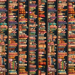 May include: A repeating pattern of vertical bookshelves filled with colorful books of various sizes and thicknesses. The books are arranged in rows on dark shelves, displaying a wide spectrum of colors including red, blue, green, and yellow.