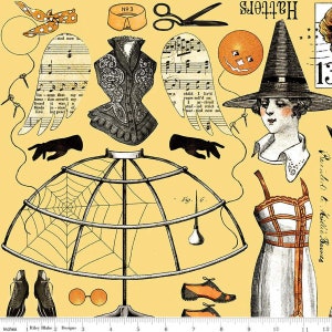 May include: A patterned fabric with a vintage theme, featuring illustrations of a witch, clothing, musical notes, and scissors. The background is a light yellow color. The text "Hatters" is visible at the top. The fabric is 12 inches wide.