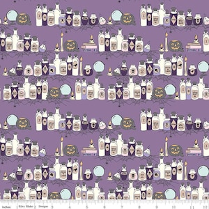 May include: Purple fabric with a repeating pattern of potion bottles, spiderwebs, and pumpkins. The bottles are labeled with names like "Witch's Wart", "Wolf Bane", and "Frog Legs". The text "Potions" appears on a small book.